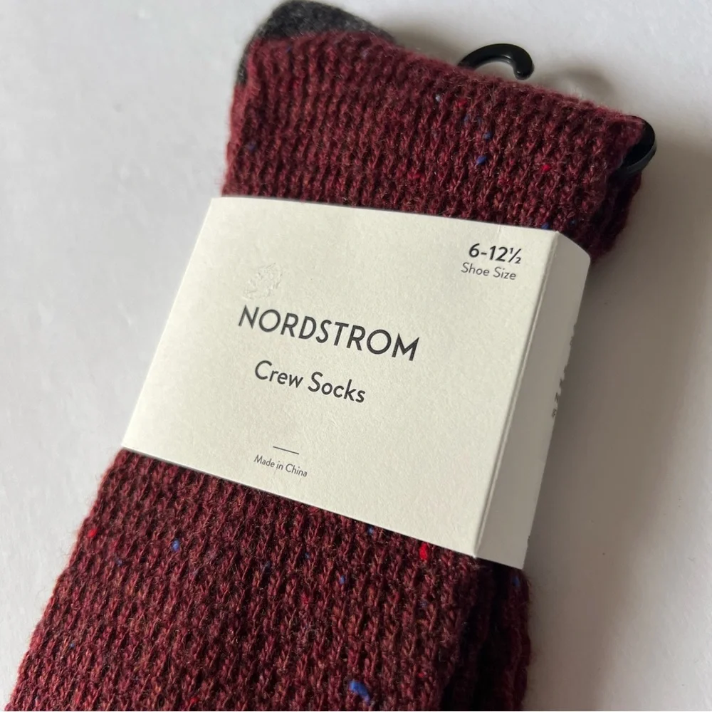 NORDSTROM MENS CREW SOCKS ACRYLIC/WOOL BLEND RED GRAPE HEATHER OS NWT